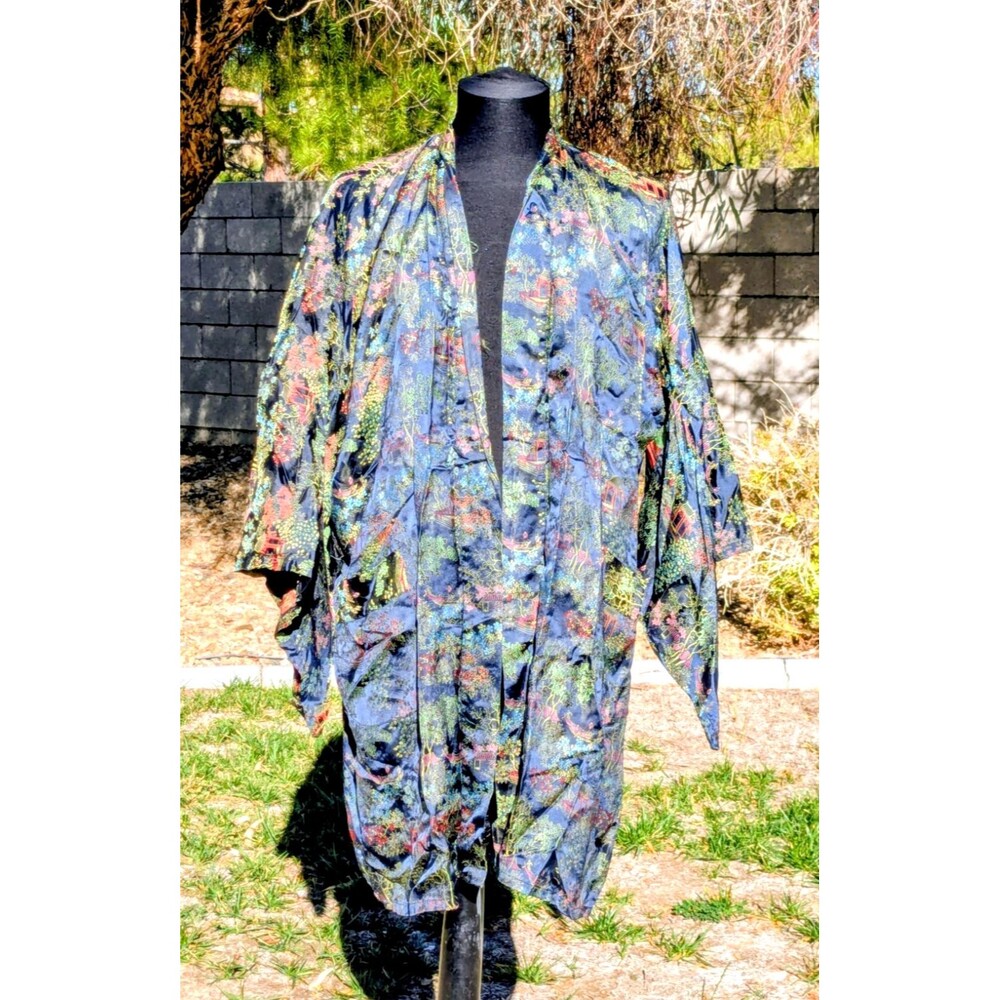 Vintage Chinese Black Satin Brocade Tomesode XL Dressing Robe Lounge Kimono EUC